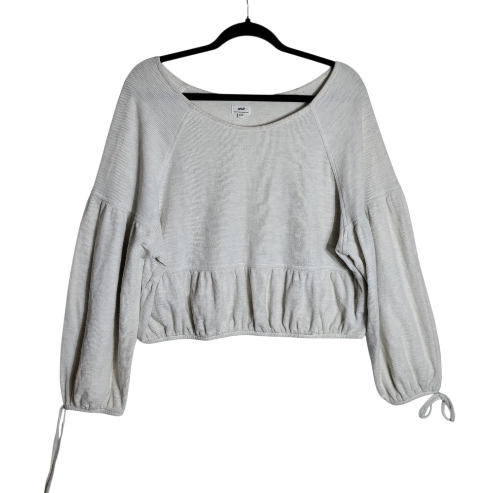 Aerie Womens Oatmeal Waffle Knit Cropped Balloon Sleeve Tie Cuff Top Medium